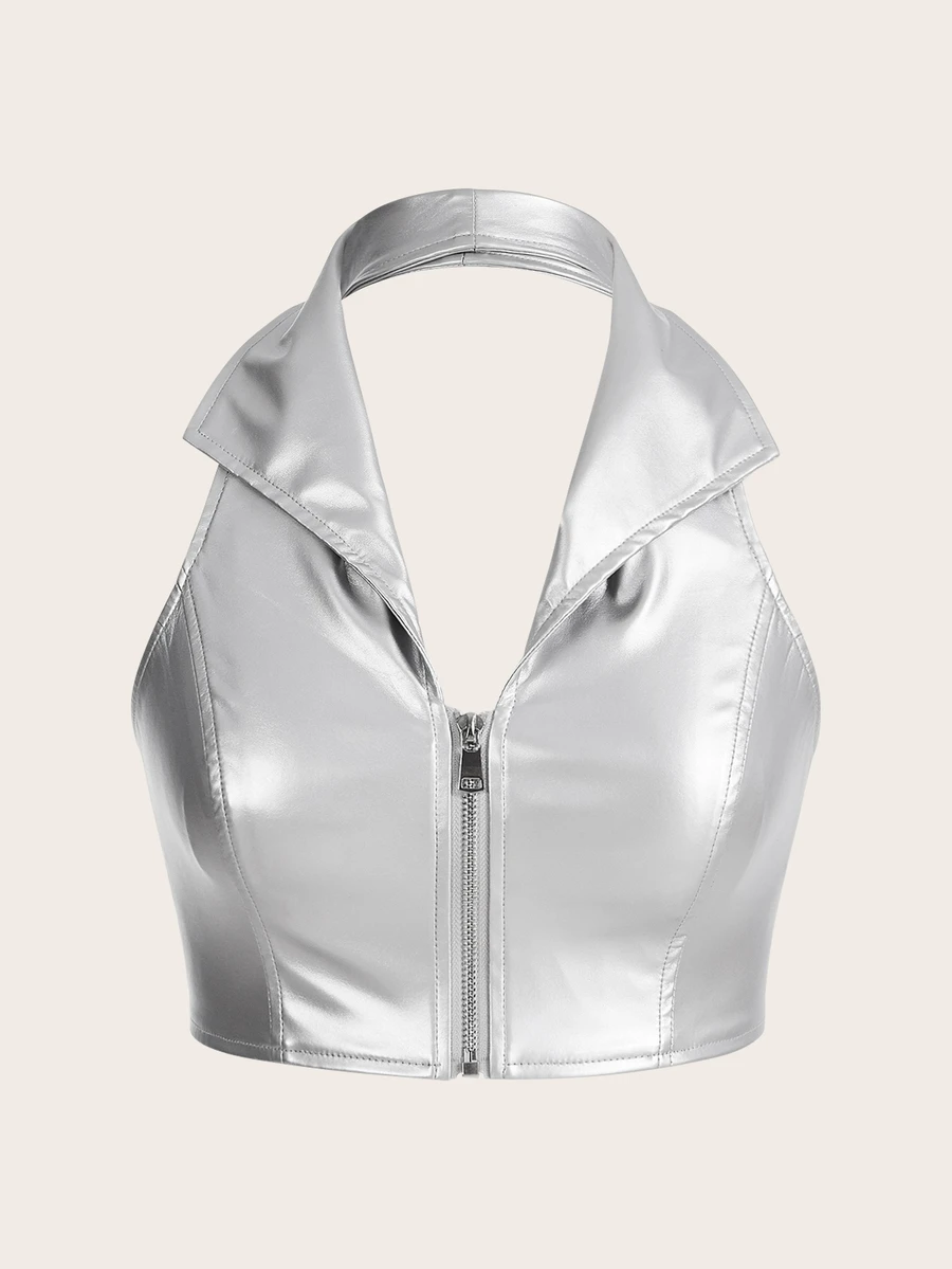 SHEIN X YERIMUA SHEIN ICON Women'S Slim Fit Zipper Front Collar Sleeveless Halter Top - Silver - View 1