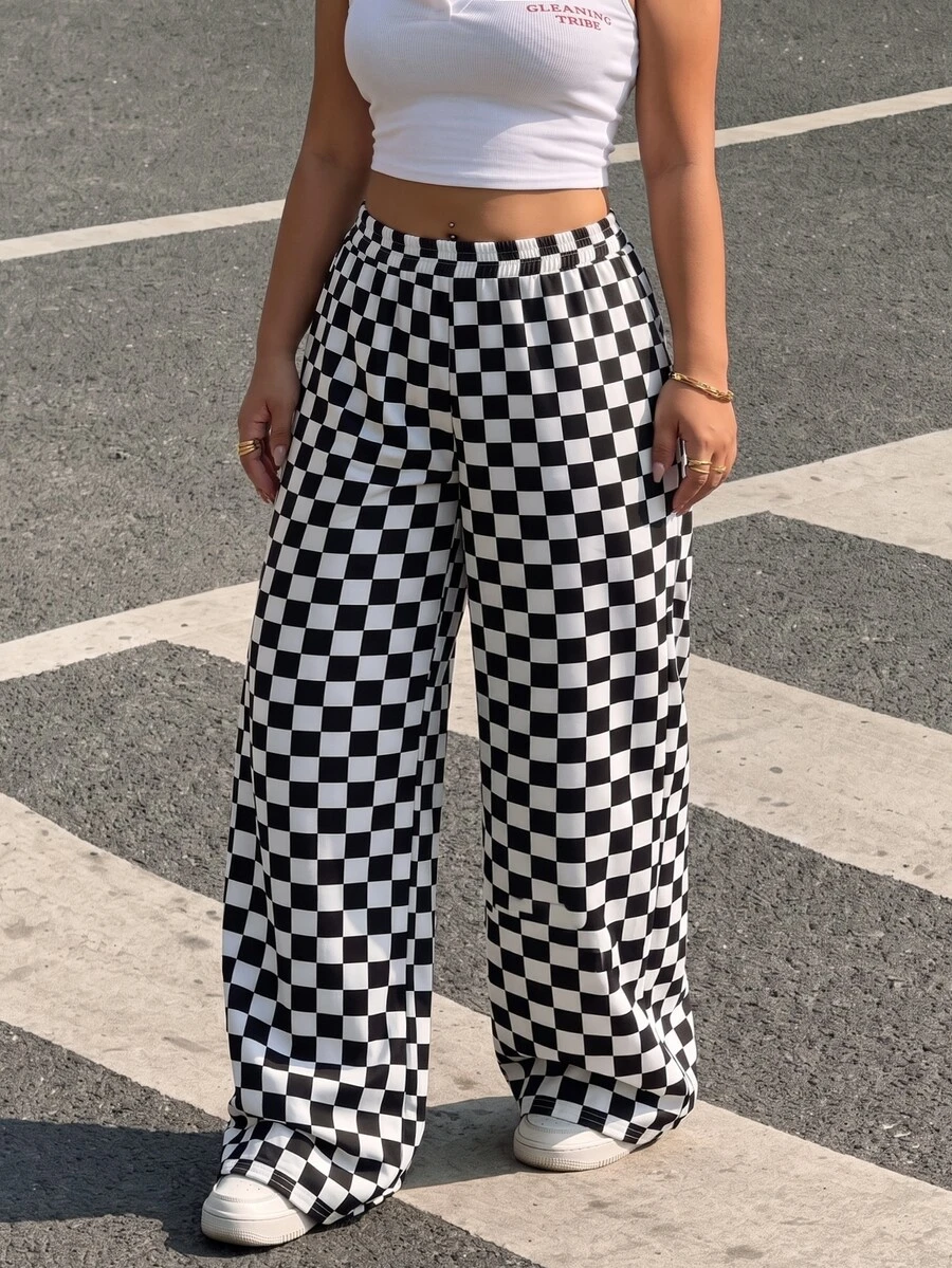 Muchica Plus-Size Streetwear Style Casual Checkered Print Loose-Fitting Athletic Sweatpants With Pocket Design.Sweatpants - Black and White - View 1
