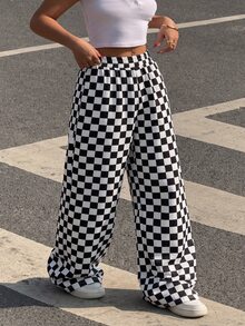 Muchica Plus-Size Streetwear Style Casual Checkered Print Loose-Fitting Athletic Sweatpants With Pocket Design.Sweatpants - Black and White - View 5