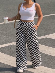Muchica Plus-Size Streetwear Style Casual Checkered Print Loose-Fitting Athletic Sweatpants With Pocket Design.Sweatpants - Black and White - View 4
