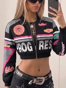 SHEIN ICON 女式字母印花落肩短款休闲棒球夹克，适合春秋季节 - 黑色 - 查看 5