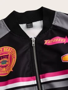 SHEIN ICON 女式字母印花落肩短款休闲棒球夹克，适合春秋季节 - 黑色 - 查看 3