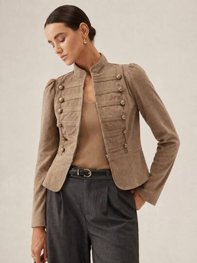 SHEIN Women's New Autumn/Winter French Elegant Textured Corduroy Fabric Metal Button Waist-Cinching Jacket