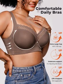 Bareli Dear حمالة صدر بمقاس كبير مع سلك داخلي وتصميم دانتيل مرقع وحزام عريض مانع للانزلاق، 1 قطعة - بني مخاوي - مشاهدة 6