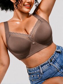 Bareli Dear حمالة صدر بمقاس كبير مع سلك داخلي وتصميم دانتيل مرقع وحزام عريض مانع للانزلاق، 1 قطعة - بني مخاوي - مشاهدة 7