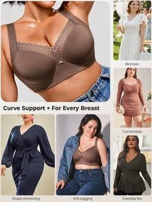 Bareli Dear حمالة صدر بمقاس كبير مع سلك داخلي وتصميم دانتيل مرقع وحزام عريض مانع للانزلاق، 1 قطعة - بني مخاوي - مشاهدة 8