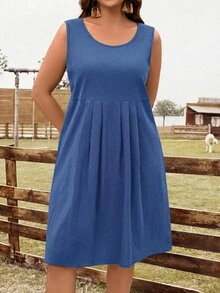 Rosumi Plus Size Women Blue Sleeveless Blue Dress,Summer Vacation - Royal Blue - View 8