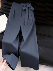 Juhart Plus Size Design Front Knot Side Zipper Straight Leg Pants Fall - Grey - View 3