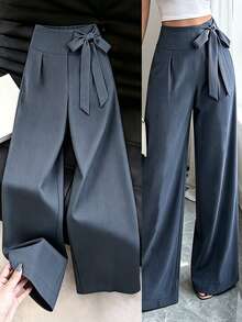 Juhart Plus Size Design Front Knot Side Zipper Straight Leg Pants Fall - Grey - View 8