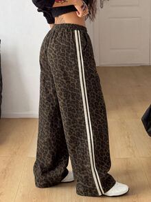 Muchica Plus Size Leopard Print Colorblock Striped Wide Leg Denim Jeans,Y2K Sport,Elastic Drawstring Waist ,Halloween,Christmas,Cute,Going Out,Back To School - Brown - View 6