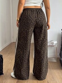 Muchica Plus Size Leopard Print Colorblock Striped Wide Leg Denim Jeans,Y2K Sport,Elastic Drawstring Waist ,Halloween,Christmas,Cute,Going Out,Back To School - Brown - View 5