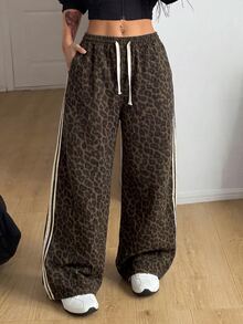 Muchica Plus Size Leopard Print Colorblock Striped Wide Leg Denim Jeans,Y2K Sport,Elastic Drawstring Waist ,Halloween,Christmas,Cute,Going Out,Back To School - Brown - View 7