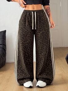 Muchica Plus Size Leopard Print Colorblock Striped Wide Leg Denim Jeans,Y2K Sport,Elastic Drawstring Waist ,Halloween,Christmas,Cute,Going Out,Back To School - Brown - View 4