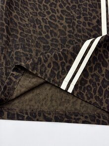 Muchica Plus Size Leopard Print Colorblock Striped Wide Leg Denim Jeans,Y2K Sport,Elastic Drawstring Waist ,Halloween,Christmas,Cute,Going Out,Back To School - Brown - View 9