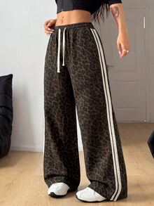 Muchica Plus Size Leopard Print Colorblock Striped Wide Leg Denim Jeans,Y2K Sport,Elastic Drawstring Waist ,Halloween,Christmas,Cute,Going Out,Back To School - Brown - View 2