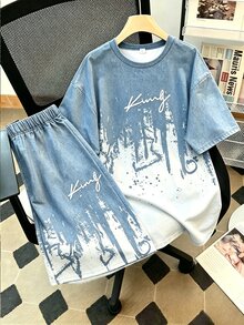 Teen Boys Faux Denim Gradient Sports Set, Handwritten King Letter Gradient Splatter Short Sleeve T-Shirt + 5-Inch Casual Shorts Set - Multicolor - View 4