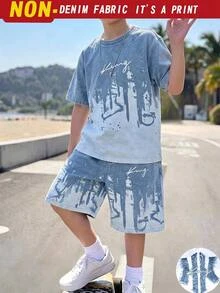 Teen Boys Faux Denim Gradient Sports Set, Handwritten King Letter Gradient Splatter Short Sleeve T-Shirt + 5-Inch Casual Shorts Set - Multicolor - View 1