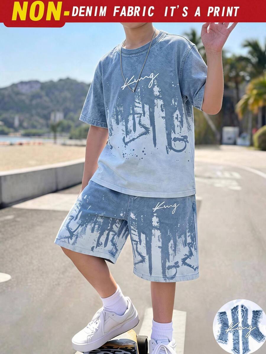 Teen Boys Faux Denim Gradient Sports Set, Handwritten King Letter Gradient Splatter Short Sleeve T-Shirt + 5-Inch Casual Shorts Set - Multicolor - View 1