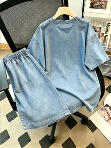 Teen Boys Faux Denim Gradient Sports Set, Handwritten King Letter Gradient Splatter Short Sleeve T-Shirt + 5-Inch Casual Shorts Set - Multicolor - View 3
