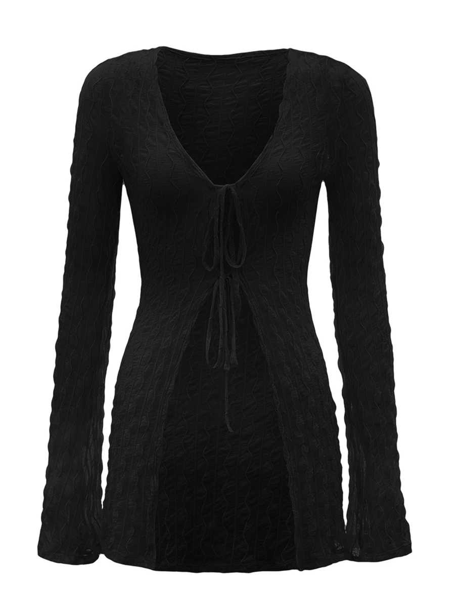 SHEIN ICON 91s Bell Sleeve Tie Front Textured Sheer Black Top - Black - View 1