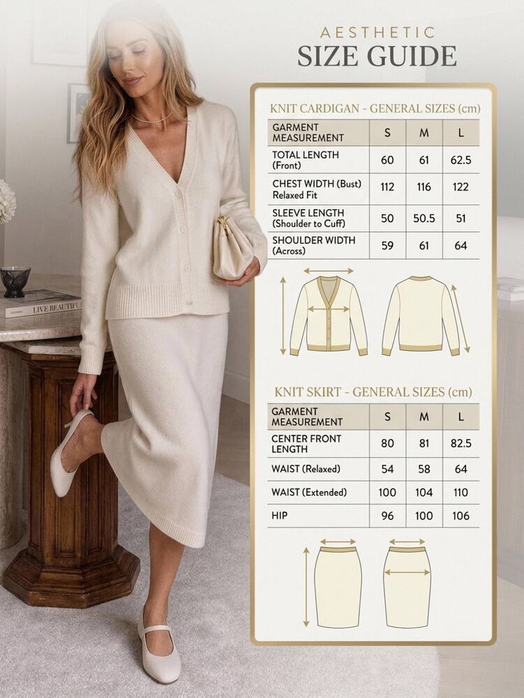 Pariaura Women Shinny Button Front Long Sleeve Loose Fit Cardigan And Sweater Knit Skirt 2pcs Set Co-Ords Brunch Cream White Autumn Elegant - Cream - View 4