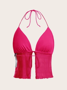 SHEIN ICON Split Hem Tie Backless Mesh Halter Top - Hot Pink - View 2