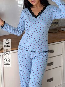 SHEIN Cotton RibKnit 2pcs Blue Long Sleeve Contrast Lace Sleep Tee + Long Pants Casual Lounge Pajama Set - Blue - View 2