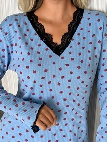 SHEIN Cotton RibKnit 2pcs Blue Long Sleeve Contrast Lace Sleep Tee + Long Pants Casual Lounge Pajama Set - Blue - View 9
