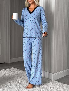 SHEIN Cotton RibKnit 2pcs Blue Long Sleeve Contrast Lace Sleep Tee + Long Pants Casual Lounge Pajama Set - Blue - View 5