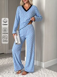 SHEIN Cotton RibKnit 2pcs Blue Long Sleeve Contrast Lace Sleep Tee + Long Pants Casual Lounge Pajama Set - Blue - View 4