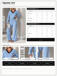 SHEIN Cotton RibKnit 2pcs Blue Long Sleeve Contrast Lace Sleep Tee + Long Pants Casual Lounge Pajama Set - Blue - View 6