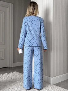 SHEIN Cotton RibKnit 2pcs Blue Long Sleeve Contrast Lace Sleep Tee + Long Pants Casual Lounge Pajama Set - Blue - View 3