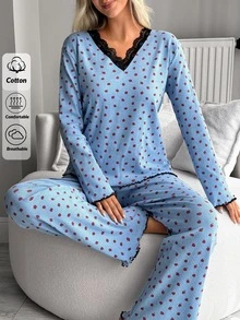 SHEIN Cotton RibKnit 2pcs Blue Long Sleeve Contrast Lace Sleep Tee + Long Pants Casual Lounge Pajama Set - Blue - View 8