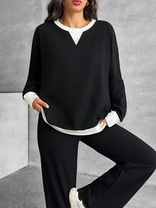SHEIN قطعتان من بلوزة رياضية رياضية للنساء وبنطلون - الأسود - مشاهدة 5