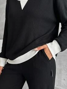 SHEIN قطعتان من بلوزة رياضية رياضية للنساء وبنطلون - الأسود - مشاهدة 6