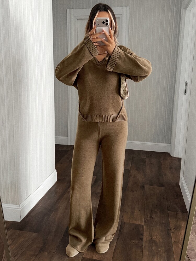 Pariaura Women V-Neck Long Sleeve Basic Sweater And Pant 2pcs Set Co-Ords Lounge Travel Shades Of Brown Autumn French Casual - Brown - View 7
