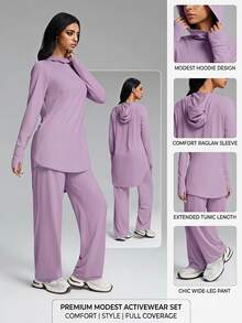 Innovista Innovista 女款運動機能服UPF套裝 2件組，寬鬆長袖連帽上衣搭配寬腿褲，防曬、吸濕排汗、拇指孔設計、前短後長下擺，適合瑜珈與健身房 - 淡紫色 - 查看 12
