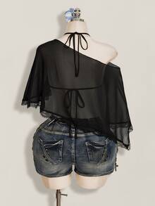 SHEIN ICON 2-teiliges Set für Damen im Y2K-Stil, schwarz, sexy, für Festivals, Partys, Strandclub, Chiffon-Camisole-Top mit Bindeträgern - Schwarz - Übersicht 2