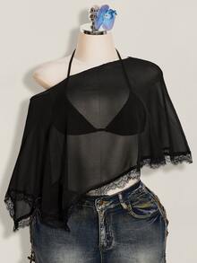 SHEIN ICON 2-teiliges Set für Damen im Y2K-Stil, schwarz, sexy, für Festivals, Partys, Strandclub, Chiffon-Camisole-Top mit Bindeträgern - Schwarz - Übersicht 7