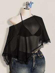 SHEIN ICON 2-teiliges Set für Damen im Y2K-Stil, schwarz, sexy, für Festivals, Partys, Strandclub, Chiffon-Camisole-Top mit Bindeträgern - Schwarz - Übersicht 9
