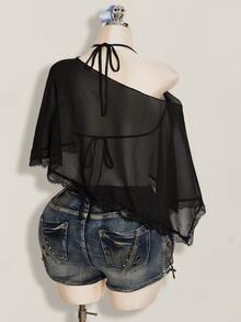 SHEIN ICON 2-teiliges Set für Damen im Y2K-Stil, schwarz, sexy, für Festivals, Partys, Strandclub, Chiffon-Camisole-Top mit Bindeträgern - Schwarz - Übersicht 12