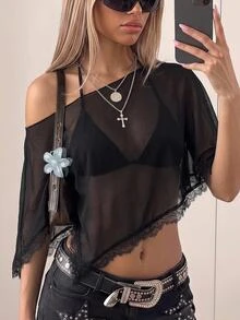 SHEIN ICON 2-teiliges Set für Damen im Y2K-Stil, schwarz, sexy, für Festivals, Partys, Strandclub, Chiffon-Camisole-Top mit Bindeträgern - Schwarz - Übersicht 1