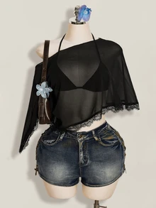 SHEIN ICON 2-teiliges Set für Damen im Y2K-Stil, schwarz, sexy, für Festivals, Partys, Strandclub, Chiffon-Camisole-Top mit Bindeträgern - Schwarz - Übersicht 6
