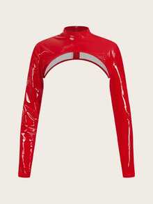 SHEIN ICON Y2K Women's Slim Fit Mock Neck PU Leather Super Crop Top - Red - View 5