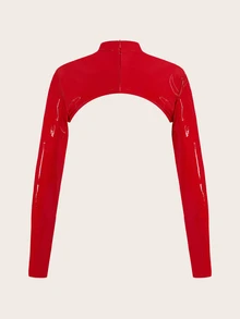 SHEIN ICON Y2K Women's Slim Fit Mock Neck PU Leather Super Crop Top - Red - View 2