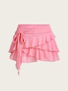 SHEIN ICON 女士多层荷叶边低腰 Y2K 迷你黑色半身裙 - 粉色 - 查看 5