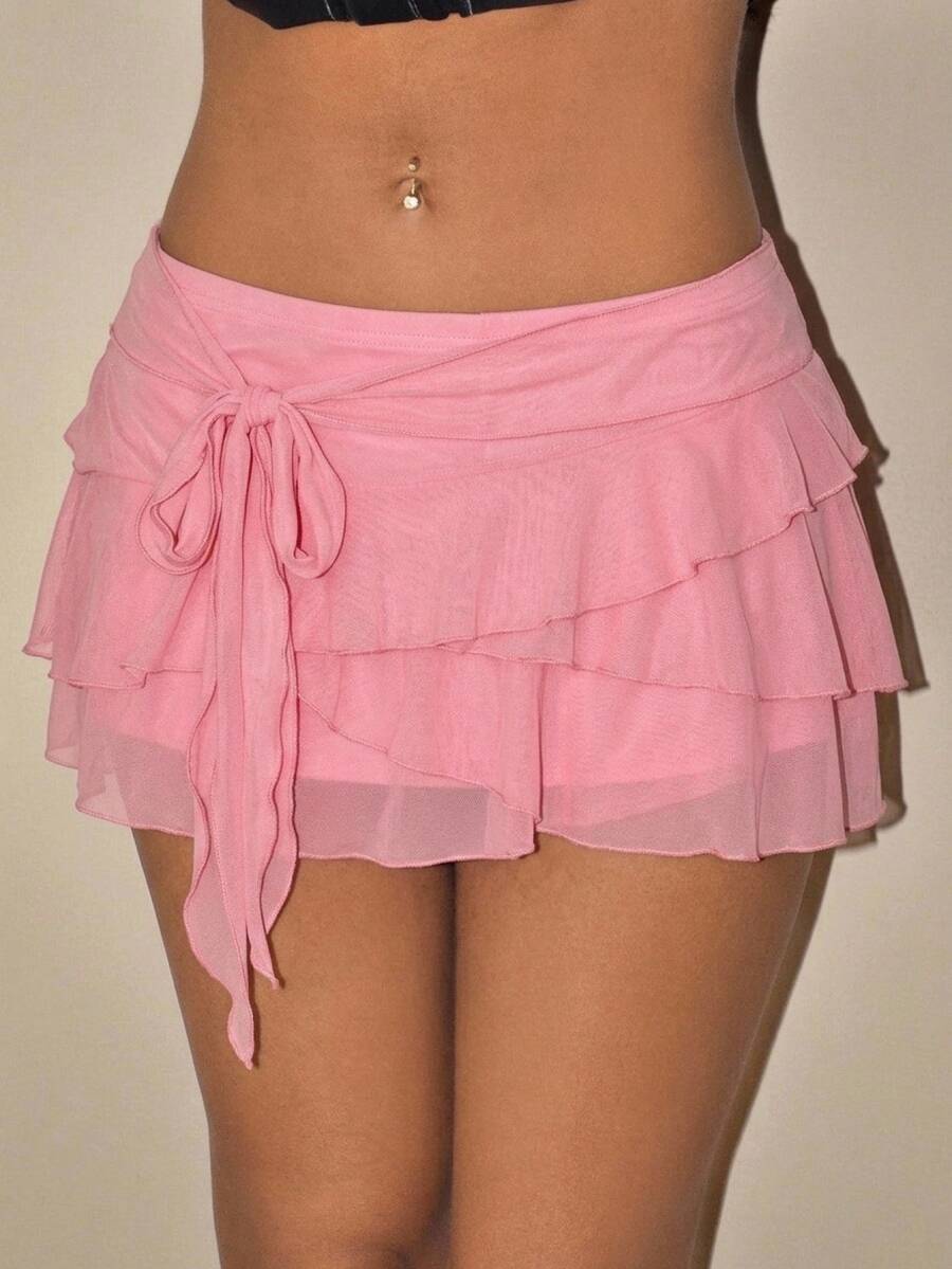 SHEIN ICON 女士多层荷叶边低腰 Y2K 迷你黑色半身裙 - 粉色 - 查看 1