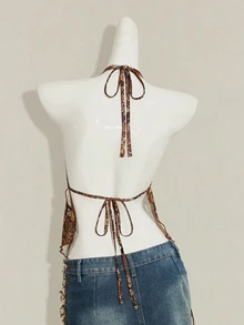 SHEIN ICON Women's Vacation Floral Print Halter Neck Tank Top With Sexy Slit Design Beach Vacation Brown Summer - Brown - View 2