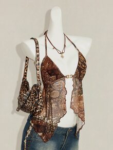 SHEIN ICON Women's Vacation Floral Print Halter Neck Tank Top With Sexy Slit Design Beach Vacation Brown Summer - Brown - View 8