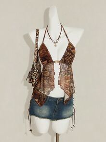 SHEIN ICON Women's Vacation Floral Print Halter Neck Tank Top With Sexy Slit Design Beach Vacation Brown Summer - Brown - View 6